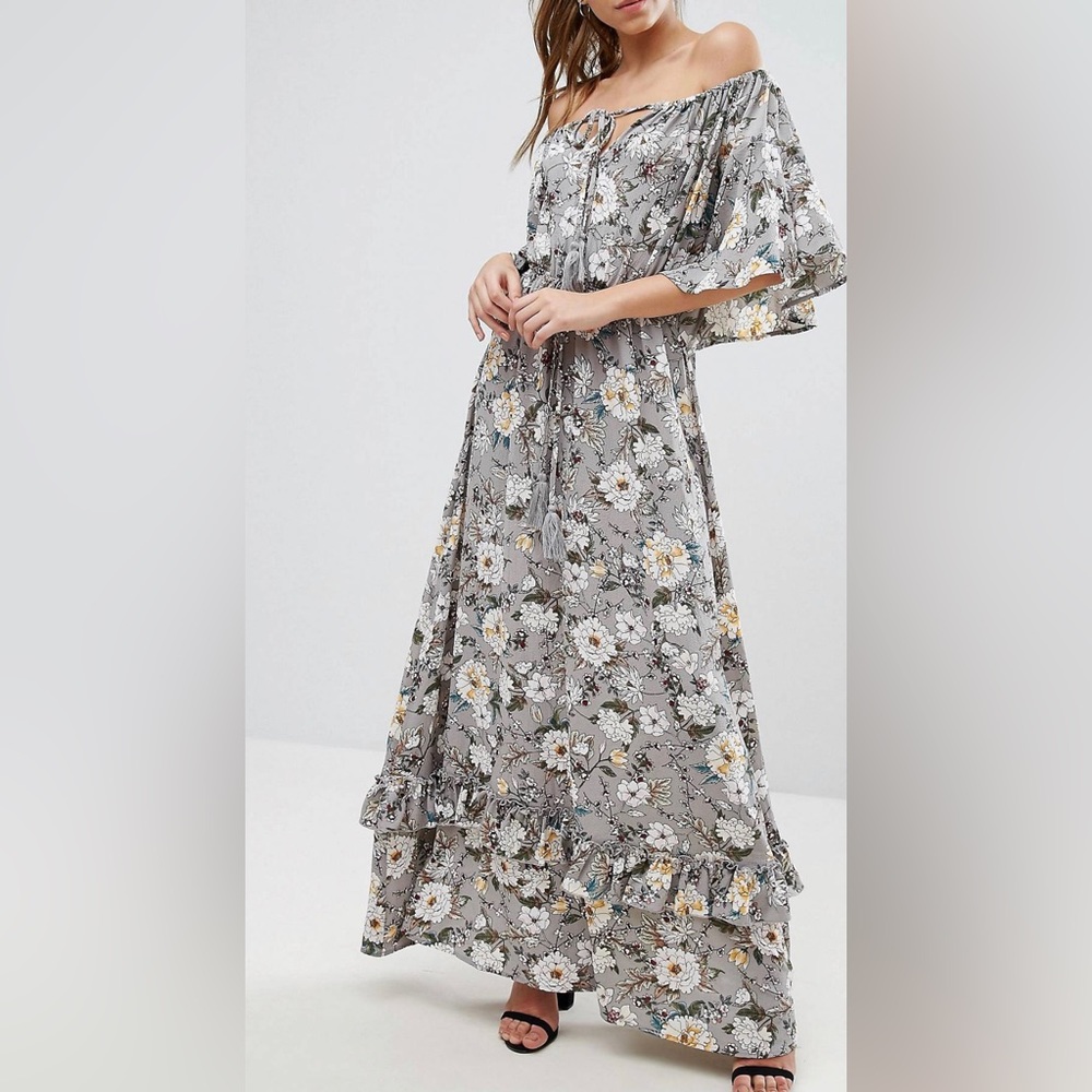 Boohoo off shoulder ruffled maxi dress.  ASOS Size 10. worn only a few times!